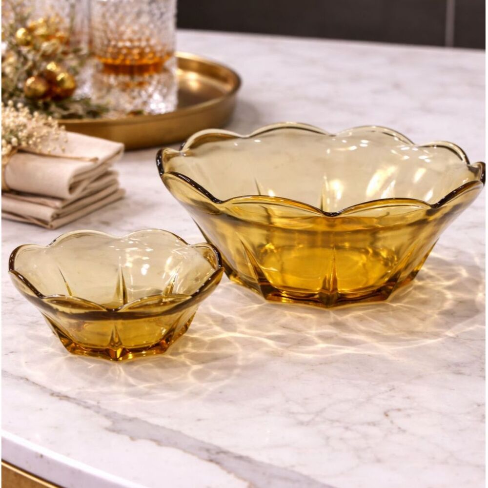 Vintage Indiana Glass Amber Chip and Dip Scalloped Glass‎ Bowls Mid Century MCM